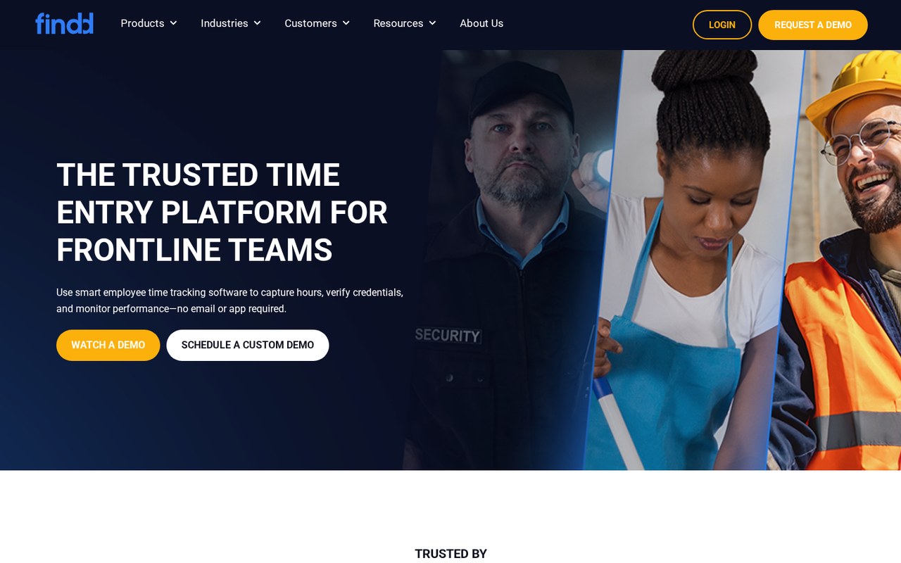 Findd website homepage showing the frontline workforce time entry platform