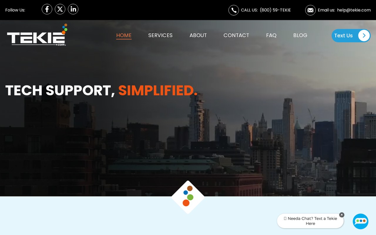 Tekie website homepage with the tech support, simplified headline
